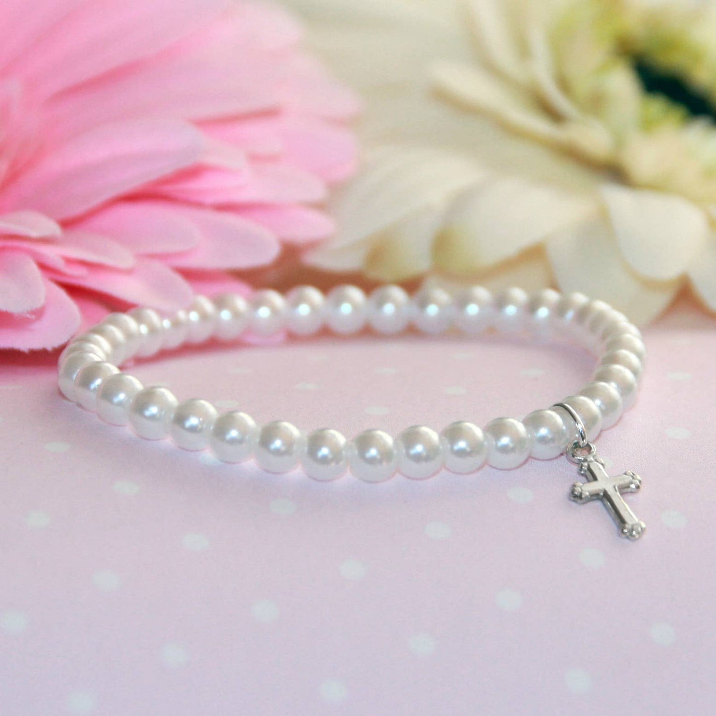 Rhodium Cross Pearl Stretchy 5" Child's Bracelet