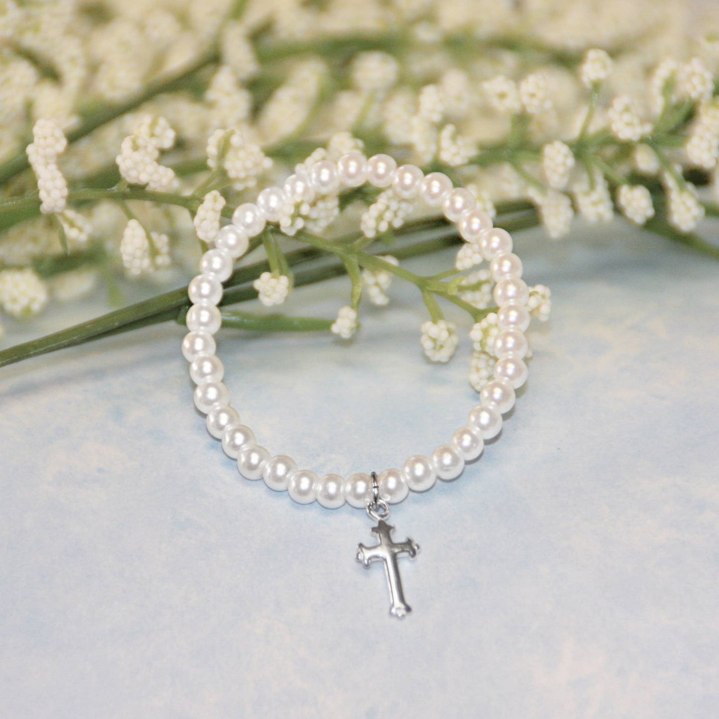 Pearl Child's Bracelet 5" with Sterling Silver Cross