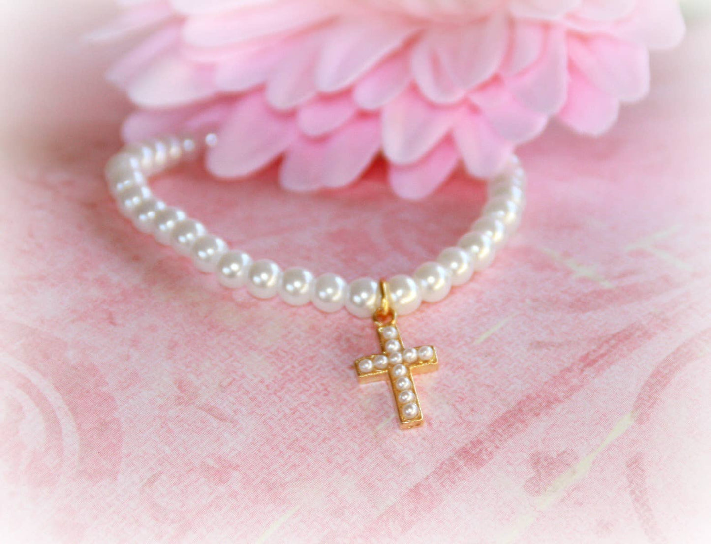 Classic Gold Cross Pearl 6" Child's Bracelet