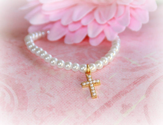 Classic Gold Cross Pearl 6" Child's Bracelet