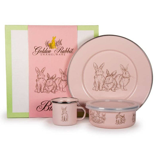 Pink Bunnies Child Mealtime Enamelware Set